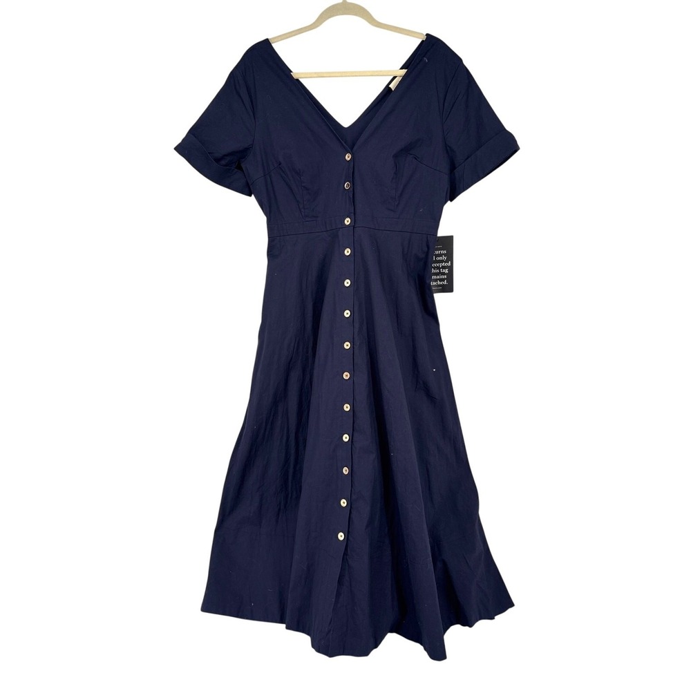 Tuckernuck Kate Midi Dress Women's Large Navy Blue Button Front Fit & Flare NWT